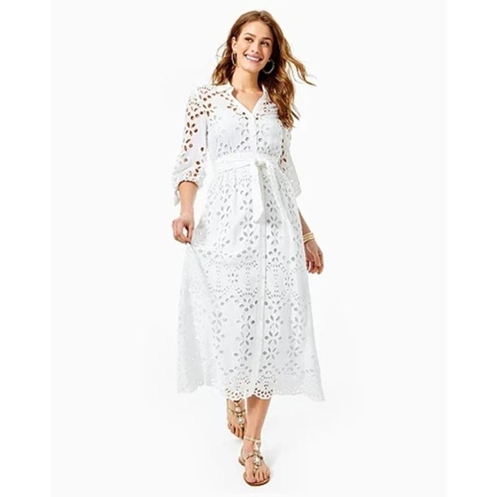 Lilly Pulitzer Amrita Eyelet Midi Dress Resort White Soiree Eyelet Size 2 NWOT